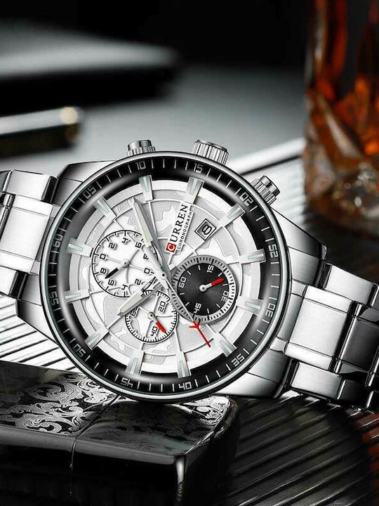 Curren Men's Watch 47mm Chronograph Battery with Silver Metal Bracelet