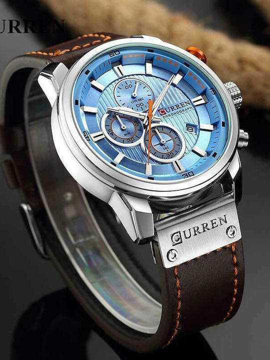 Curren Ανδρικό Ρολόι 42mm Χρονογράφος Μπαταρίας με Καφέ Δερμάτινο Λουράκι