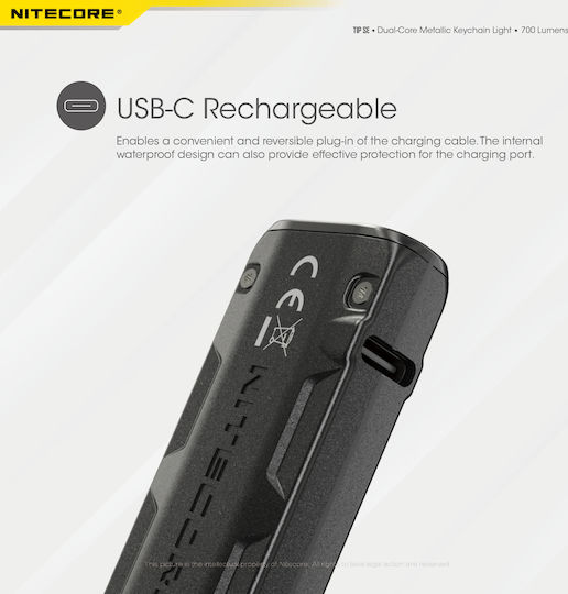NiteCore Презареждащ се Ключодържател Фенер LED IP54 с Максимална Яркост 700лм Tip SE Черен Черен