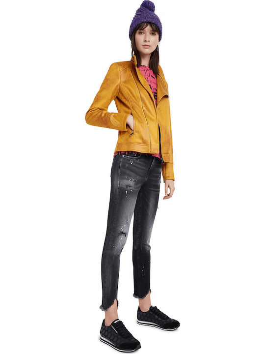 Sven Women's Short Biker Artificial Leather Jacket for Winter Yellow