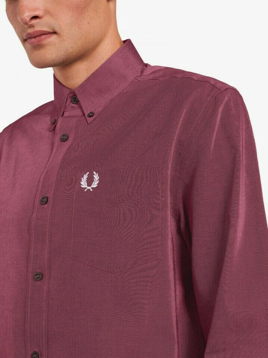 Fred Perry Cămașă Bărbătească Cu mânecă lungă Bumbac Monocrom Burgundy