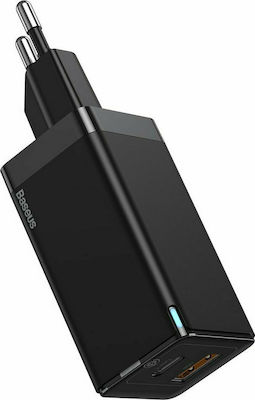 Baseus mit USB-A Anschluss und USB-C Anschluss und Kabel USB-C 45W Stromlieferung / Schnellaufladung 3.0 Schwarz (GaN2)