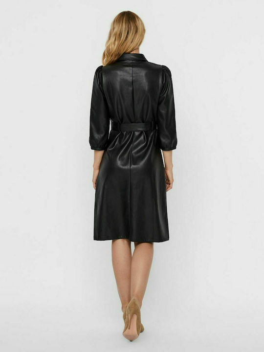 Vero Moda Mini All Day Φόρεμα Δερμάτινο με Κουμπιά Μαύρο