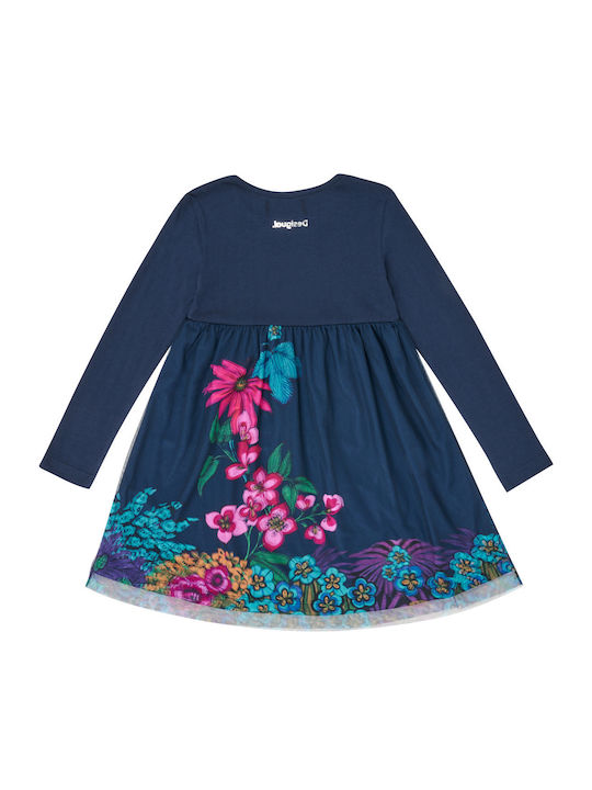 Desigual Kids Dress Tulle Floral Long Sleeve Navy Blue