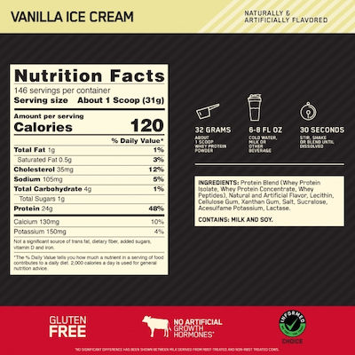 Optimum Nutrition Gold Standard 100% Whey Πρωτεΐνη Ορού Γάλακτος με Γεύση Vanilla Ice Cream 4.54kg