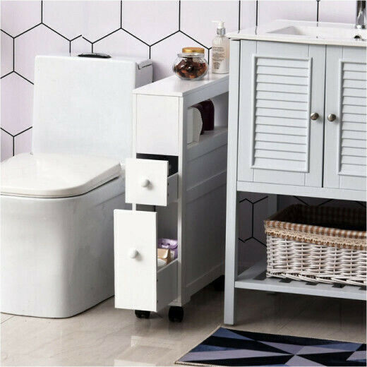 HomCom Wheeled Wooden Bathroom Furniture Bathroom Cabinet L52xW16xH71cm White