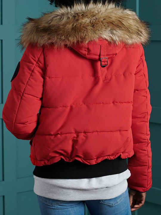Superdry Everest Women's Short Puffer Jacket for Winter with Hood Red