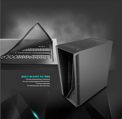 Powertech PT-743 Gaming Midi Tower Κουτί Υπολογιστή με Πλαϊνό Παράθυρο και RGB Φωτισμό Μαύρο