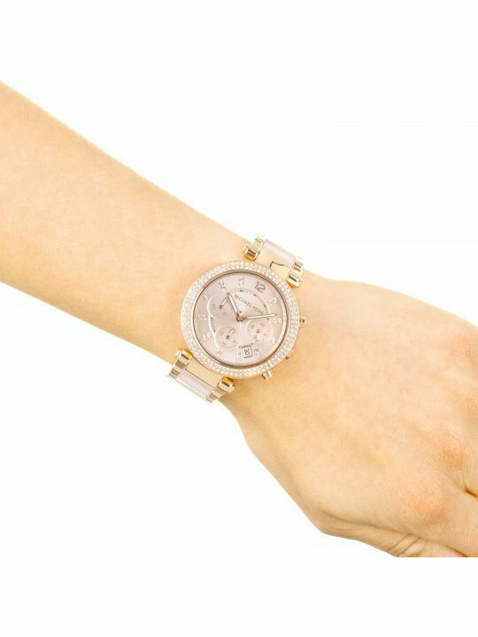 Michael Kors Parker Γυναικείο Ρολόι 39mm Χρονογράφος Μπαταρίας με Ροζ Χρυσό Κεραμικό Μπρασελέ