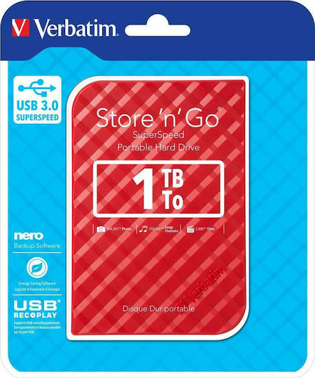 Verbatim Store 'n' Go Gen 2 USB 3.0 Εξωτερικός HDD 1TB 2.5" Κόκκινο