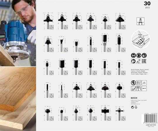 Bosch Σετ Φρέζες για Ξύλο \ Δομικά Υλικά 8mm 30τμχ