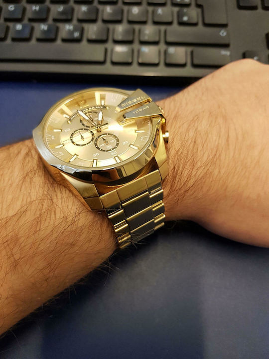 Diesel Mega Chief Herrenuhr 51mm Chronograph Batterie mit Gold Metallarmband