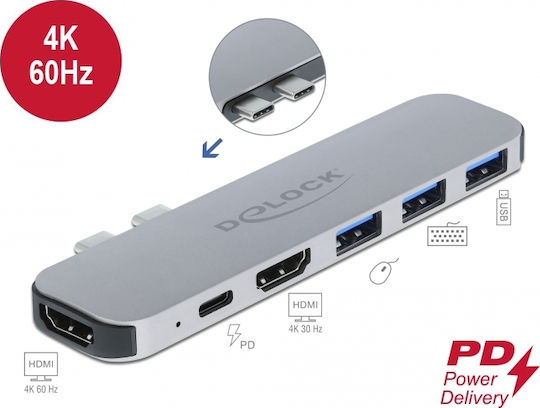 DeLock Docking Station με Διπλό USB-C HDMI 4K PD Γκρι (87753)