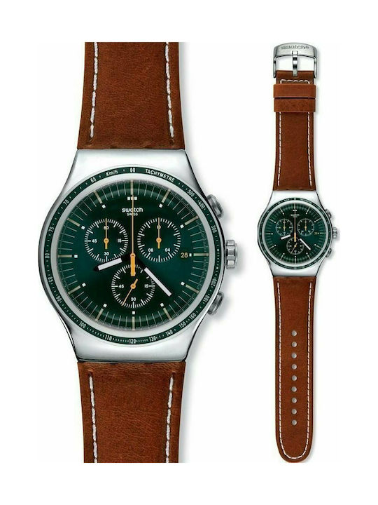 Swatch Battery Chronograph Watch with Leather Strap Brown
