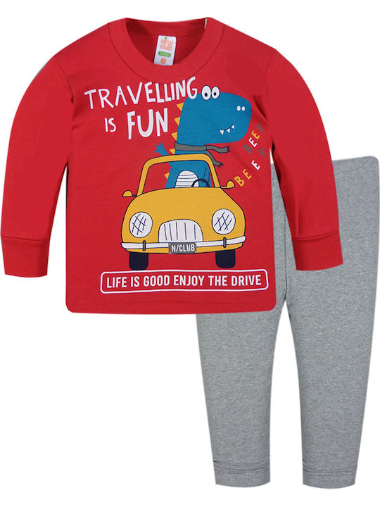 Nina Club Παιδική Πιτζάμα Χειμωνιάτικη Βαμβακερή για Αγόρι Κόκκινη Travelling is Fun