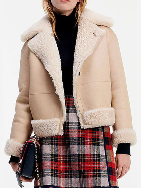 Mouton Women's Biker Jacket with Fur Lining Ecru