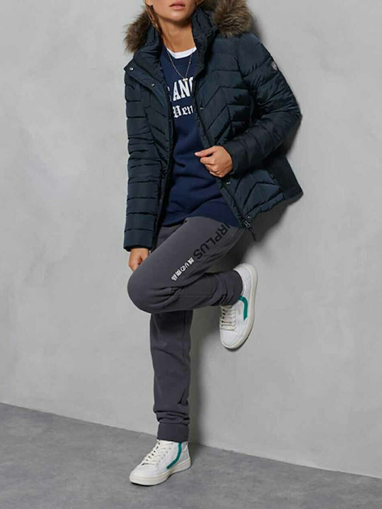 Luxe Fuji Scurtă Jachetă de femei Puffer cu glugă de blană Albastru marin