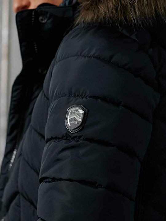 Luxe Fuji Scurtă Jachetă de femei Puffer cu glugă de blană Albastru marin
