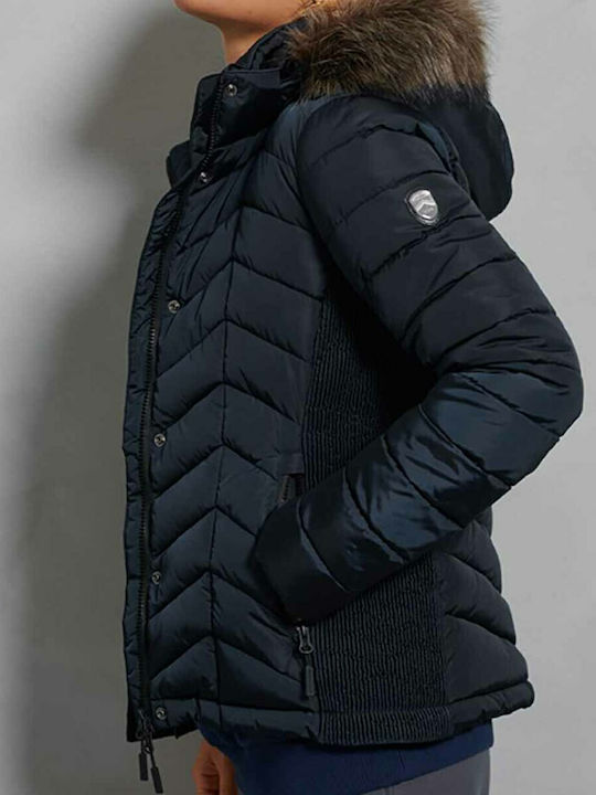 Luxe Fuji Scurtă Jachetă de femei Puffer cu glugă de blană Albastru marin