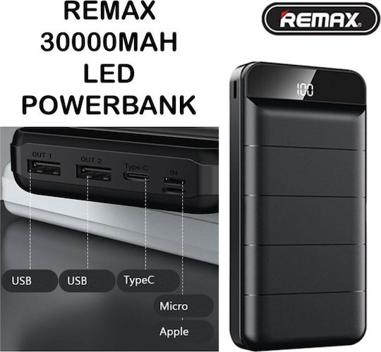 Remax RPP-141 Power Bank 30000mAh με 2 Θύρες USB-A Μαύρο