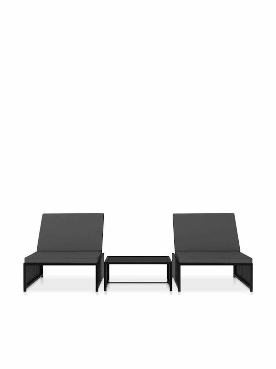 Deckchair Rattan with Cushion Black with Table 2pcs 190x65x69cm.