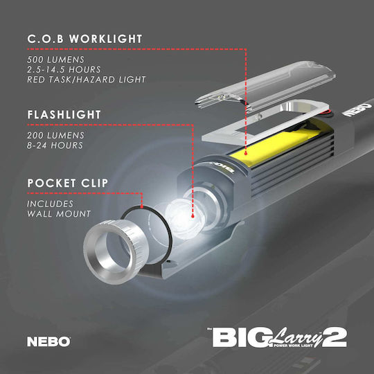 Nebo Battery Workshop Light LED Dual Function with Brightness up to 500lm Big Larry 2 6737 Red