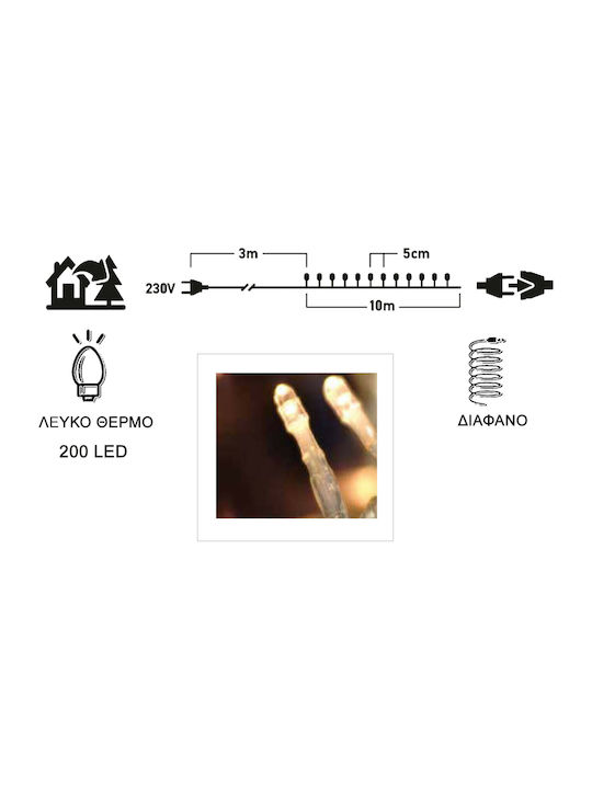 200 Becuri de Crăciun LED 13Pentruunsitedecomerțelectronicîncategoria"LuminideCrăciun",specificațiileunitățiisunturmătoarele: Alb cald în Șir de caractere cu Cablu transparent TnS