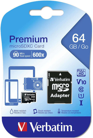 Verbatim Premium microSDXC 64GB U1 V10 A1 UHS-I 90MB/s με αντάπτορα