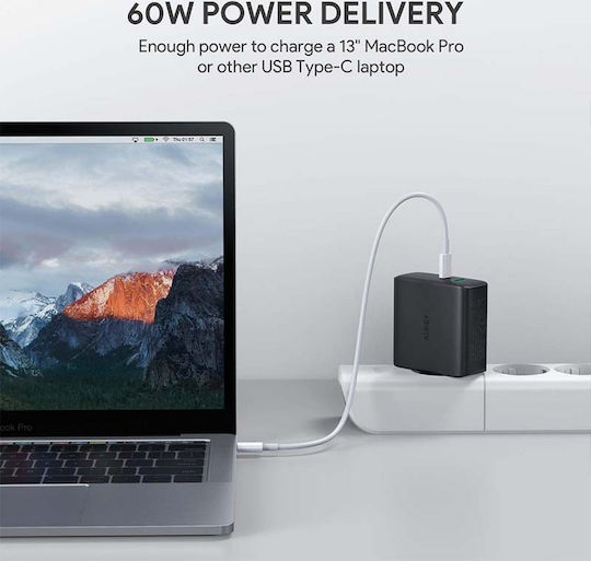 Aukey Φορτιστής Χωρίς Καλώδιο με Θύρα USB-A και Θύρα USB-C 60W Power Delivery Μαύρος (PA-D3)