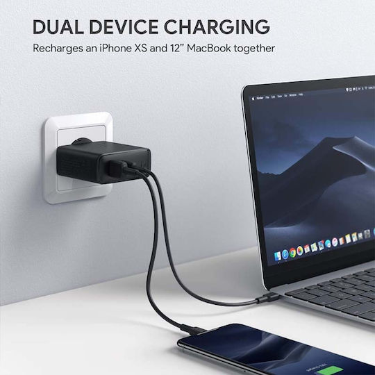 Aukey Φορτιστής Χωρίς Καλώδιο με Θύρα USB-A και Θύρα USB-C 60W Power Delivery Μαύρος (PA-D3)
