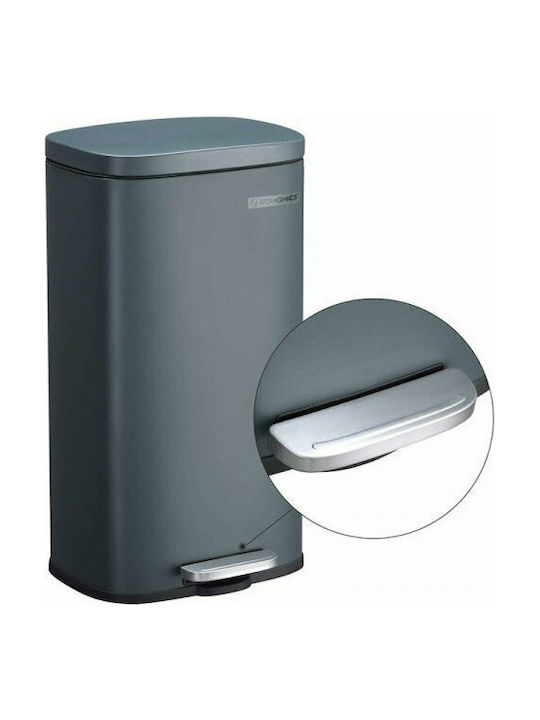 Songmics Soft-Close Coș de Gunoi din Oțel Inoxidabil cu Pedală Gri 30lt 1buc