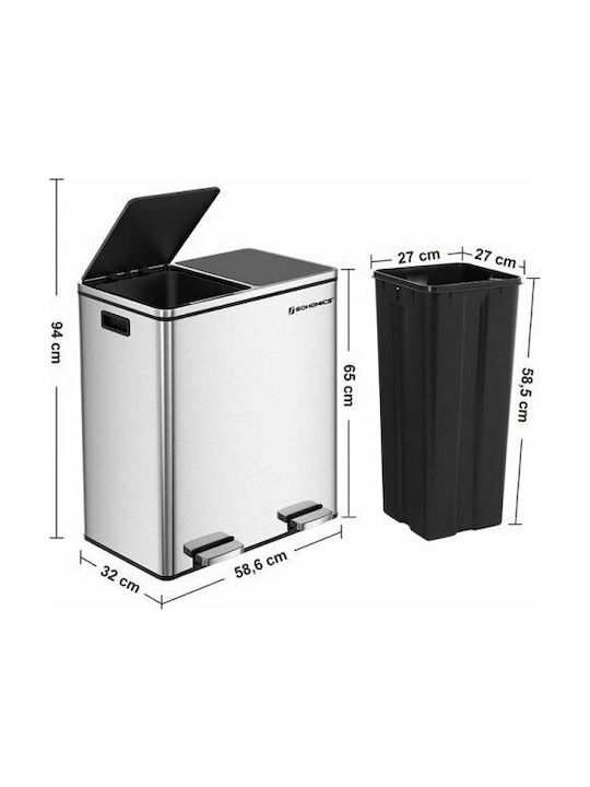 Songmics Soft Close Recycling Metal Pedal Waste Bin 60lt Silver