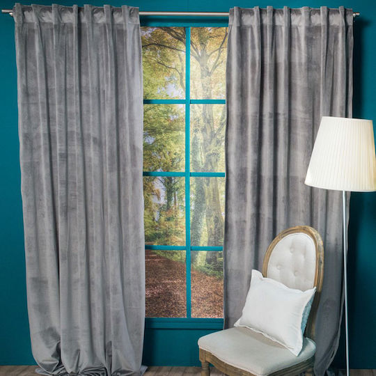 Teoran Κουρτίνα με Τρέσα Velvet Γκρί 140x260εκ.