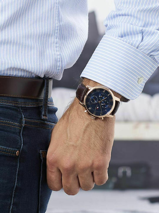 Tommy Hilfiger Kane Ανδρικό Ρολόι 44mm Χρονογράφος Μπαταρίας με Καφέ Δερμάτινο Λουράκι