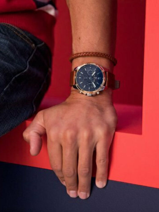 Tommy Hilfiger Decker Ανδρικό Ρολόι 46mm Χρονογράφος Μπαταρίας με Καφέ Δερμάτινο Λουράκι