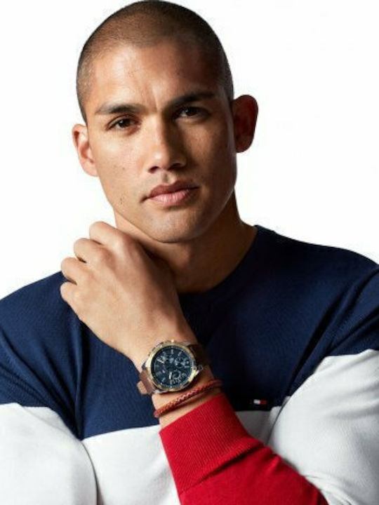 Tommy Hilfiger Decker Ανδρικό Ρολόι 46mm Χρονογράφος Μπαταρίας με Καφέ Δερμάτινο Λουράκι