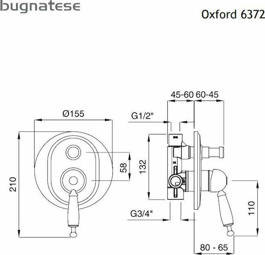 Bugnatese Oxford Μίκτης Μπαταρίας Εντοιχισμού για Ντουζιέρα 2 Εξόδων