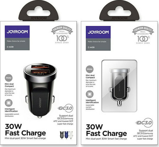 Joyroom Φορτιστής Αυτοκινήτου C-A09 30W 2.5A Γρήγορης Φόρτισης με Θύρες: 2xUSB Μαύρος