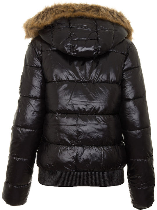 High Shine Toya Κοντό Γυναικείο Puffer Μπουφάν με Γούνινη Κουκούλα για Χειμώνα Μαύρο