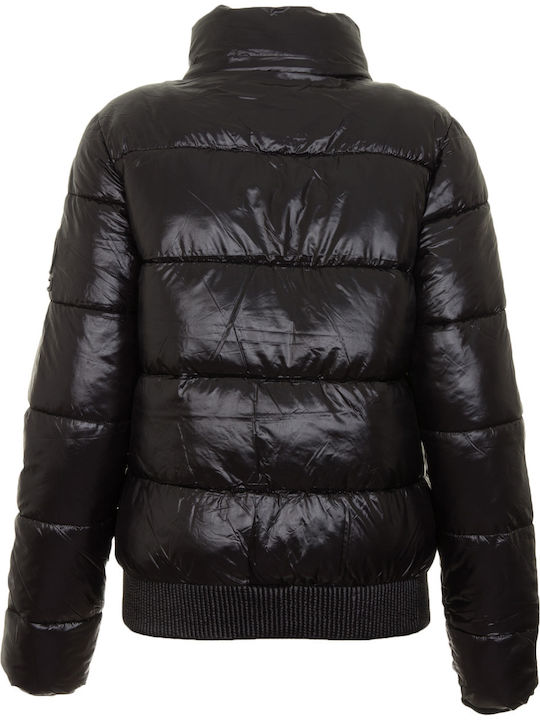 High Shine Toya Κοντό Γυναικείο Puffer Μπουφάν με Γούνινη Κουκούλα για Χειμώνα Μαύρο