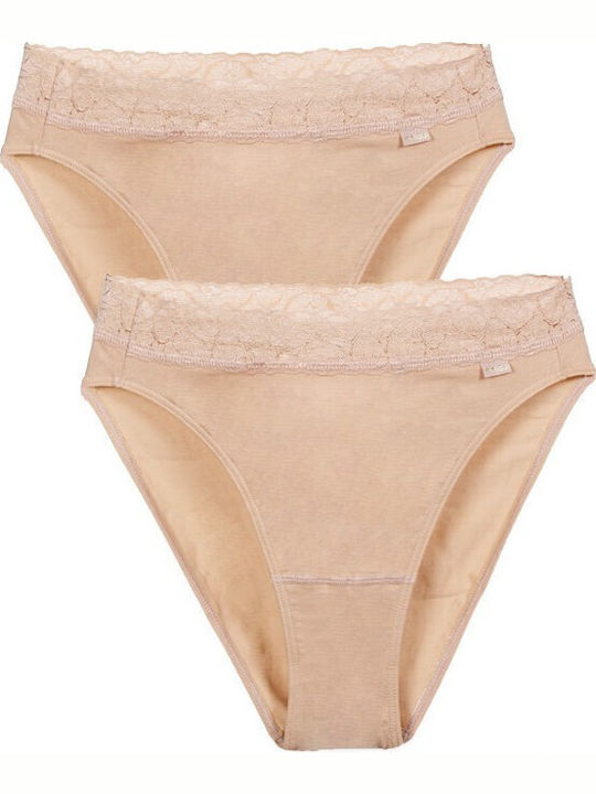 Βαμβακερά High Waist Women's Brazil 2Pack with Lace Beige
