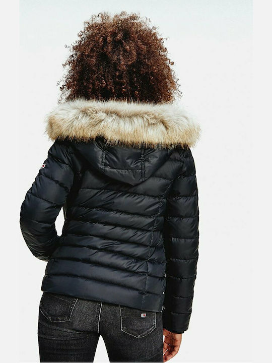 Tommy Hilfiger Κοντό Γυναικείο Puffer Μπουφάν με Γούνινη Κουκούλα για Χειμώνα Μαύρο