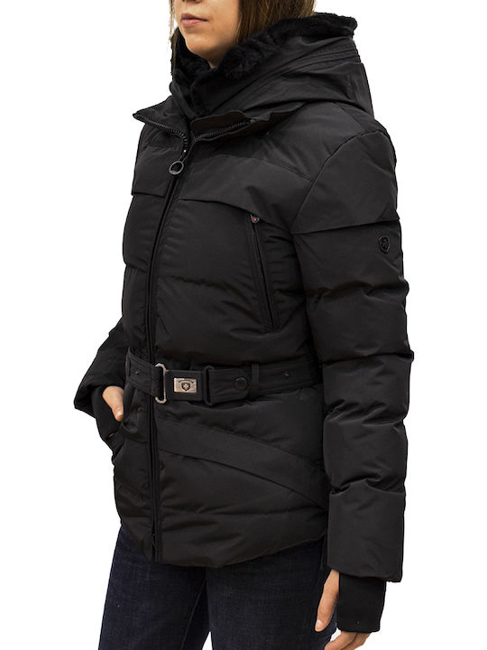 Tivana Kurz Damen Puffer Jacke mit pelziger Kapuze für Winter Schwarz