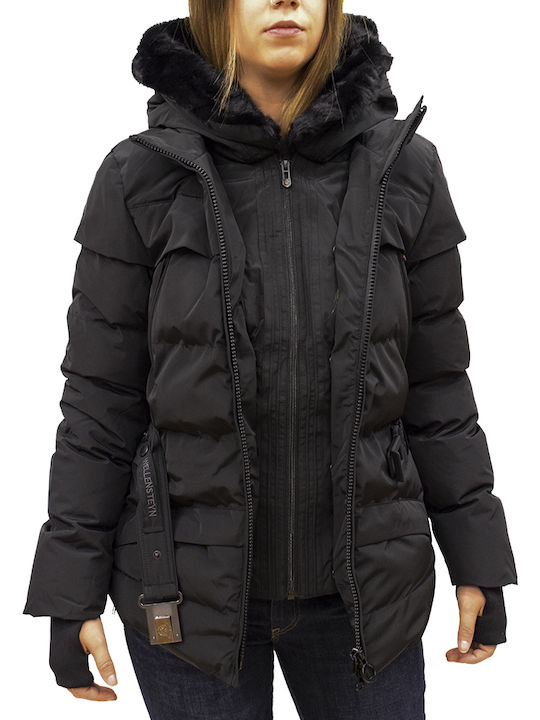 Tivana Kurz Damen Puffer Jacke mit pelziger Kapuze für Winter Schwarz