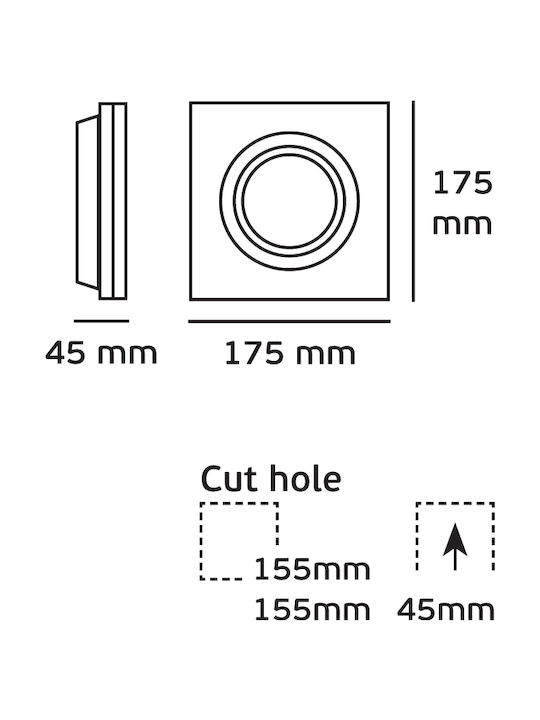 VK Lighting Square Metallic Recessed Spot with Socket G53 AR111 Adjustable White 17.5x17.5cm. 1pcs