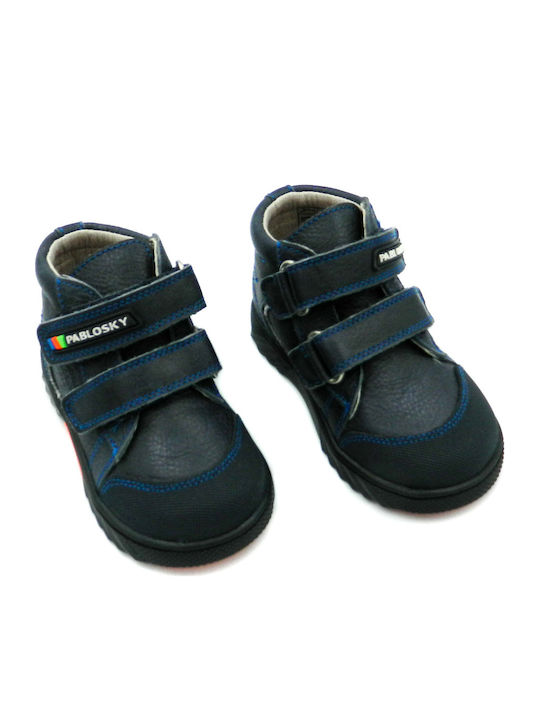 Anatomical Leather Kids Boots with Velcro Navy Blue