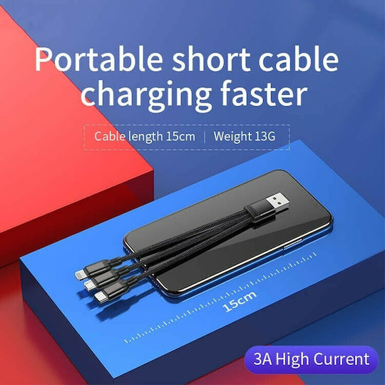 Joyroom S-M416 Regulär USB zu Blitzschlag / Typ-C,TC-TC / Micro-USB Kabel 3A Schwarz 0.15m