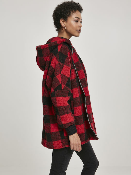 Sherpa Γυναικείο Καρό Κόκκινο Παλτό Oversized με κουκούλα