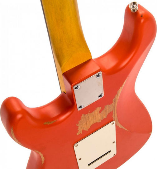 Vintage V6 Icon Electric Guitar Stratocaster with SSS Pickup Configuration Distressed Firenza Red