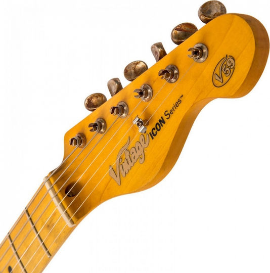 Vintage V59 Icon Electric Guitar Telecaster with SS Pickup Configuration Distressed Sunburst
